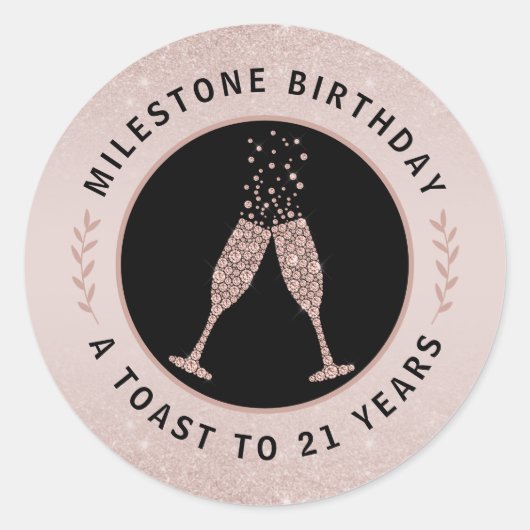 Milestone Birthday 21 Glitter Champagne Toast Ronde Sticker (Voorkant)
