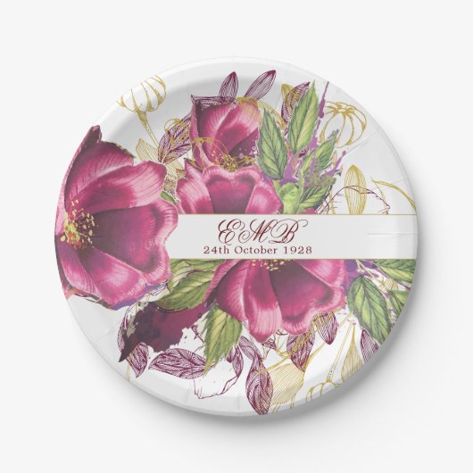 Milestone Birthday Burgundy Floral Elegant Chic Papieren Bordje (Voorkant)