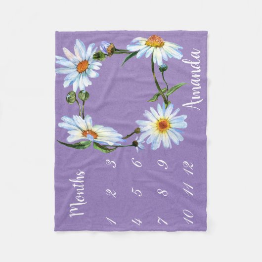 Milestone Daisy Waterverf Paarse foto Keepsake Fleece Deken (Voorkant)