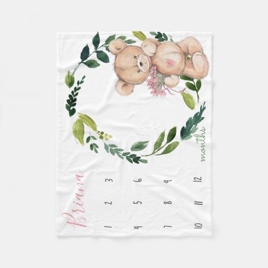 Milestone Growth Tracker - Teddybeer en groen Fleece Deken (Voorkant)