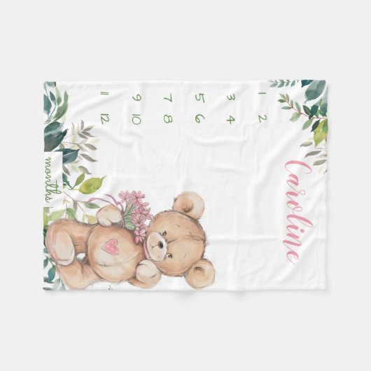 Milestone Growth Tracker waterverf teddybeer Fleece Deken (Voorkant (Horizontaal))