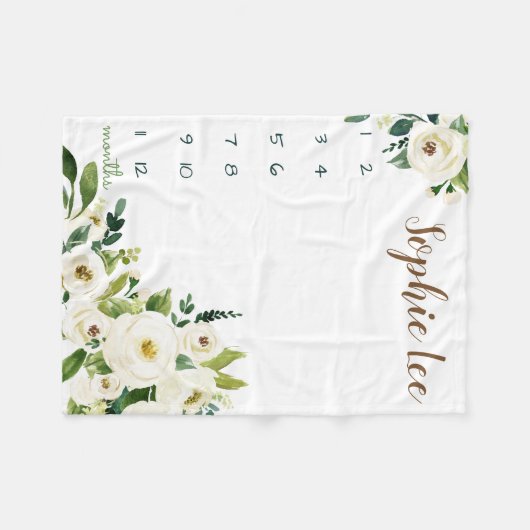 Milestone Growth Tracker waterverf witte rozen Fleece Deken (Voorkant (Horizontaal))