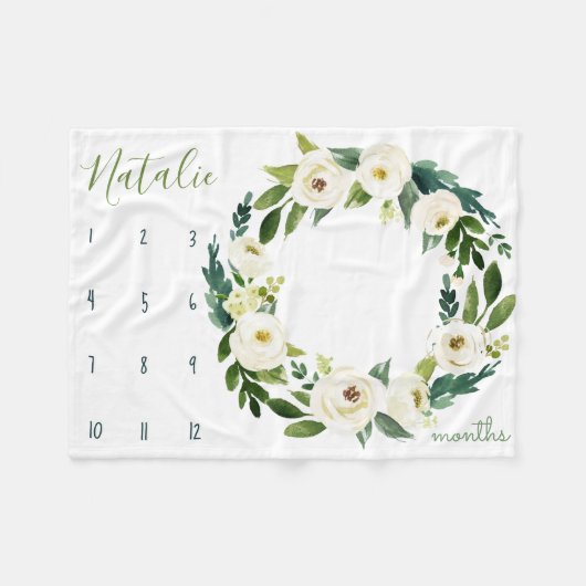 Milestone Growth Tracker - Witte en groene bloemen Fleece Deken (Voorkant (Horizontaal))