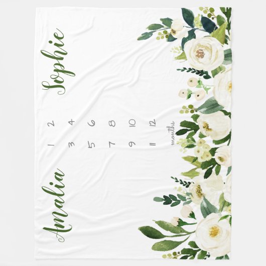 Milestone twin baby meisje waterverf bloemen fleece deken (Voorkant)