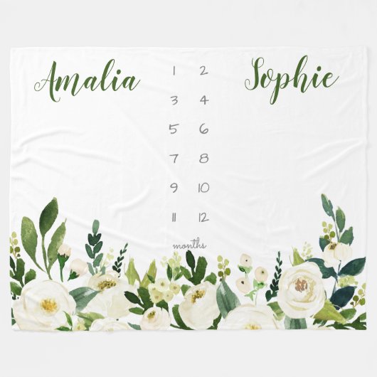 Milestone twin baby meisje waterverf bloemen fleece deken (Voorkant (Horizontaal))