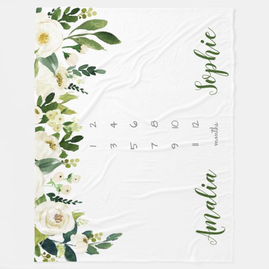 Milestone twin baby meisje waterverf bloemen fleece deken (Voorkant)