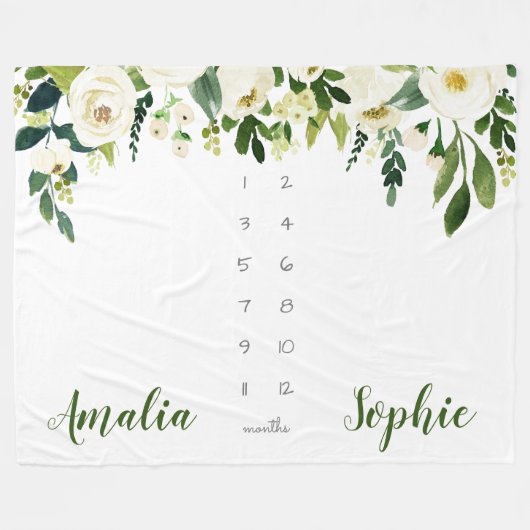 Milestone twin baby meisje waterverf bloemen fleece deken (Voorkant (Horizontaal))