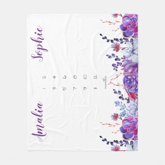 Milestone twin baby meisje waterverf bloemen paars fleece deken (Voorkant)
