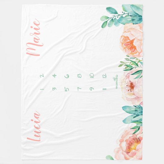Milestone twin baby meisje waterverf bloemen perzi fleece deken (Voorkant)