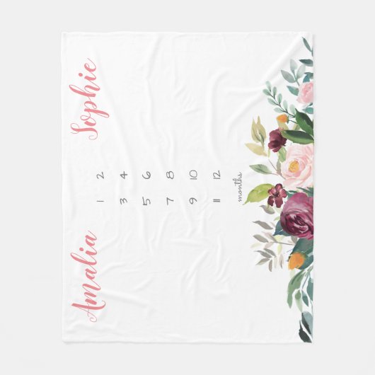 Milestone twin baby meisje waterverf bloemen roze fleece deken (Voorkant)