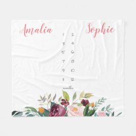 Milestone twin baby meisje waterverf bloemen roze fleece deken