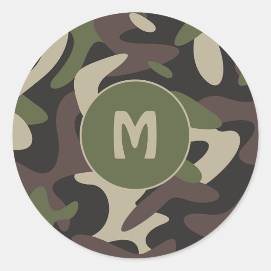Militair Camouflage Groen Bruin Patroonmonogram Ronde Sticker (Voorkant)