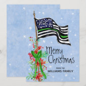 Militair dunne groene lijn vlag hulst rode bessen feestdagenkaart (Voorkant / Achterkant)