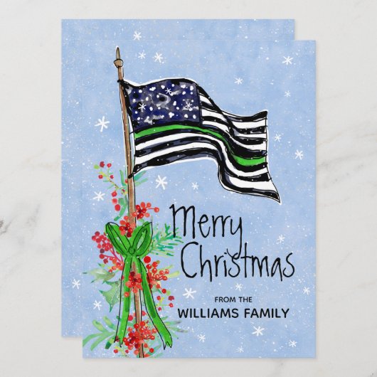 Militair dunne groene lijn vlag hulst rode bessen feestdagenkaart (Voorkant / Achterkant)