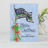 Militair dunne groene lijn vlag hulst rode bessen feestdagenkaart (Staand voorkant)