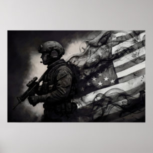 Militair Rookinkt Amerikaanse Vlag Zwart & Wit Kun Poster