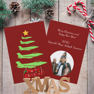 Militair Vliegtuig Kerstboom Rood Minimalistisch Feestdagenkaart
