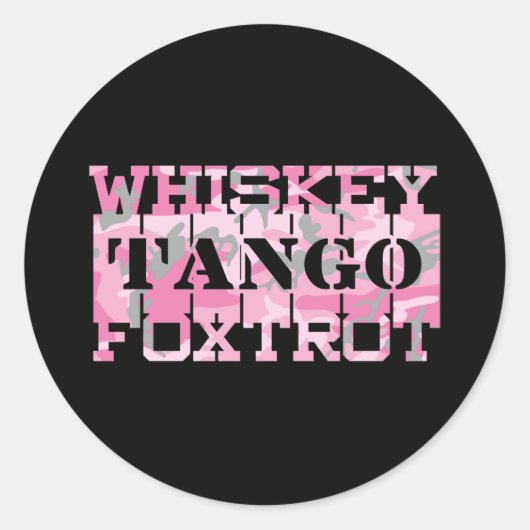 Militair Whiskey Tango Foxtrot Roze Camo Ronde Sticker (Voorkant)