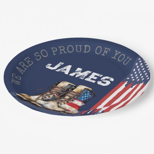 Militaire Amerikaanse vlag laarzen BLUE Going Away Papieren Bordje (Gekanteld)