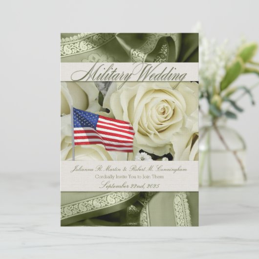 Militaire bruiloft Noite Elegant White Roses Kaart (Staand voorkant)