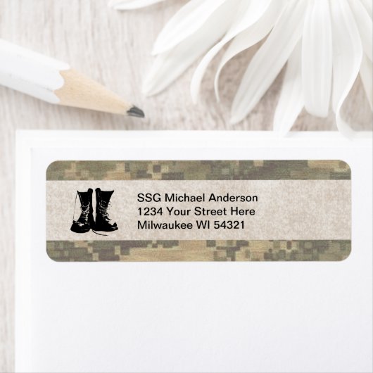 Militaire Camouflage met Army Combat Boots Custom Etiket (Insitu)