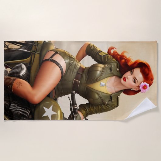  Militaire Motorfiets Pinup Strandlaken (Voorkant)
