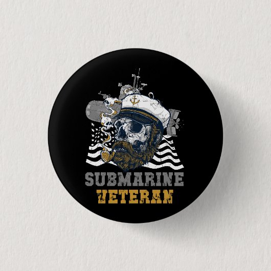 Militaire Onderzeeboot Veteraan Skull Captai Ronde Button 3,2 Cm (Voorkant)