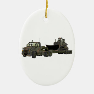 Militaire Semi Bulldozer Flatbed Cartoon Keramisch Ornament