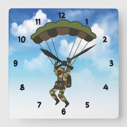 Militaire soldaat/Paratrooper met wolken Vierkante Klok (Voorkant)