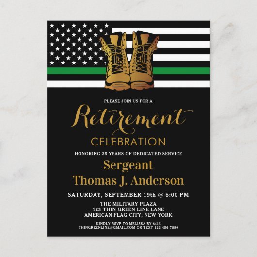 Militaire Thin Green Line Boots Pensioen Partij Uitnodiging Briefkaart (Voorkant)