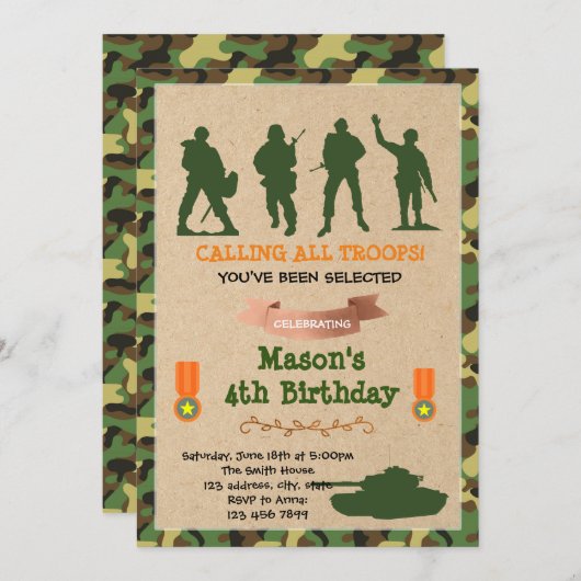 Militaire verjaardagsuitnodiging van het leger van kaart (Voorkant / Achterkant)