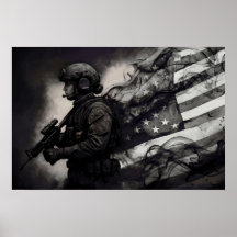 Militaire Vrouw Amerikaanse Vlag Rook Inkt Monochr