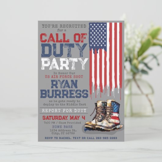 Militaire VS vlag GRIJZE INZET Afscheidsfeest Kaart (Staand voorkant)