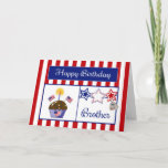 Military Brother Birthday Card Kaart<br><div class="desc">This Patriotic Birthday Card will make your military Brother smile. This colorful card features a red and white striped background, chocolate cupcake with stars, American Flags, a flag heart and a candle, red, white & blue stars, a dog tag embossed with "USA" and a blue banner with the text "Happy...</div>