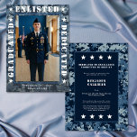 Military Enlist Camo Photo Graduation Announcement Kaart<br><div class="desc">This military enlistment graduation announcement design features a bold blue camouflage frame,  patriotic stars,  and a central photo layout. Perfect for celebrating a graduate entering the armed forces,  it highlights pride,  honor,  and service while creating a memorable military enlistment graduation announcement. Created by Simply Farmhouse Press.</div>