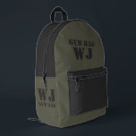 Military Green Gym Bag Custom Name Bedrukte Rugzak<br><div class="desc">Sleek and customizable backpack design with minimalist text reading "Gym Bag" and personalized name option. The bag features a stylish combination of military green and dark gray,  making it the perfect gift for a friend who appreciates personalized items.</div>