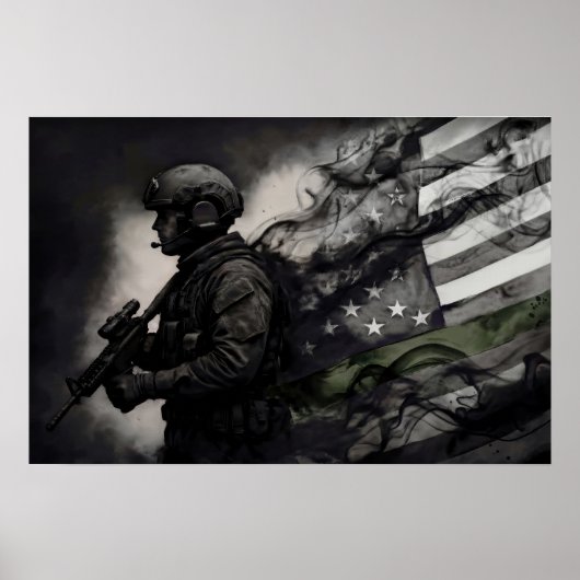 Military Green Line Tribute Smoke American Flag Poster (Voorkant)