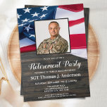 Military Retication Custom Photo American Flag Inv Kaart<br><div class="desc">American Flag Military Retivation Invitations - Celebrate years of dedicated service, and nodigt friends and family to your militaryretication party with this American Flag Retivation Invitation - USA American flag design on rustic wood uit. This military retication uitnoation is also perfect for military graduation uitnodigingen, politie intrekking uitnodiging, change in...</div>