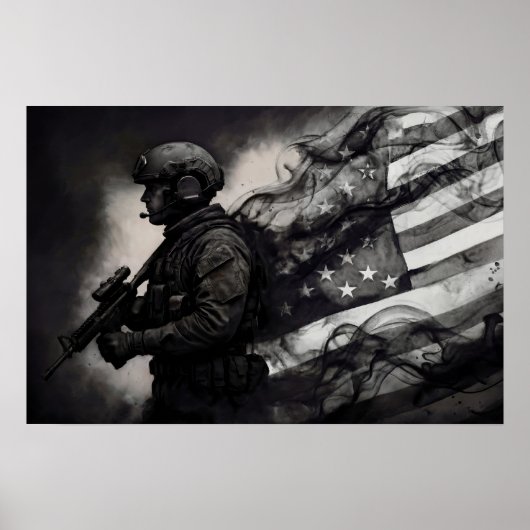 Military Smoke Ink American Flag Black & White Art Poster (Voorkant)