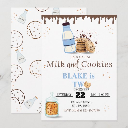 Milk & Cookies Verjaardagsfeestuitnodiging voor jo Kaart (Voorkant / Achterkant)