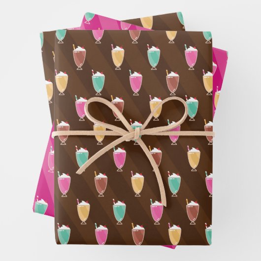 Milkshake Patroon Wrapping Papier in Bruin en Roze Inpakpapier Vel (In situ)