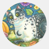 MILKYWAY, EEN MYSTISCHE HALLOWEEN CAT, MOON EN STA RONDE STICKER (Voorkant)