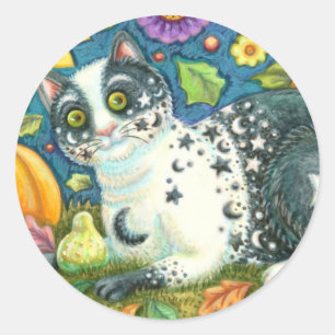 MILKYWAY, EEN MYSTISCHE HALLOWEEN CAT, MOON EN STA RONDE STICKER