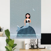 Milla Mermaid sitting in rain kid's illustration Poster (Thuiskantoor)