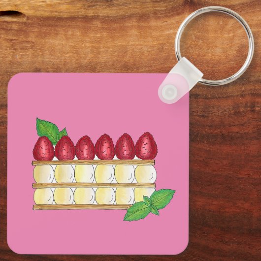 Mille Feuille Frans Voedsel Bladerdeeg Frambozen Sleutelhanger (Achterkant)