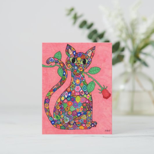Millefiori Cat met Red Rose Briefkaart (Staand voorkant)