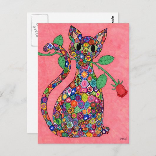 Millefiori Cat met Red Rose Briefkaart (Voorkant / Achterkant)