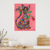 Millefiori Cat met Red Rose Poster (Keuken)