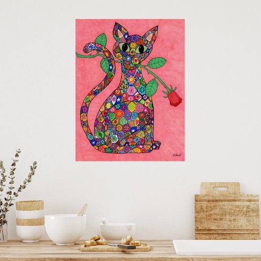 Millefiori Cat met Red Rose Poster (Keuken)