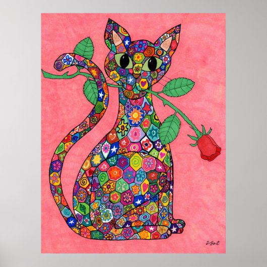 Millefiori Cat met Red Rose Poster (Voorkant)